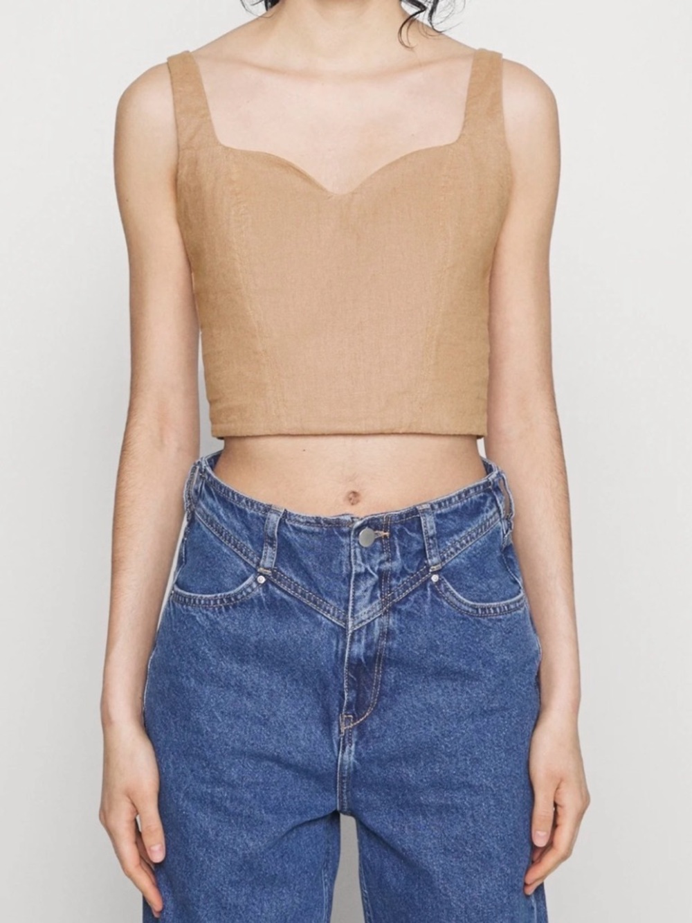 Abercrombie & Fitch Linen-Blend Corset Crop Top | Sweetheart Neckline M Beige